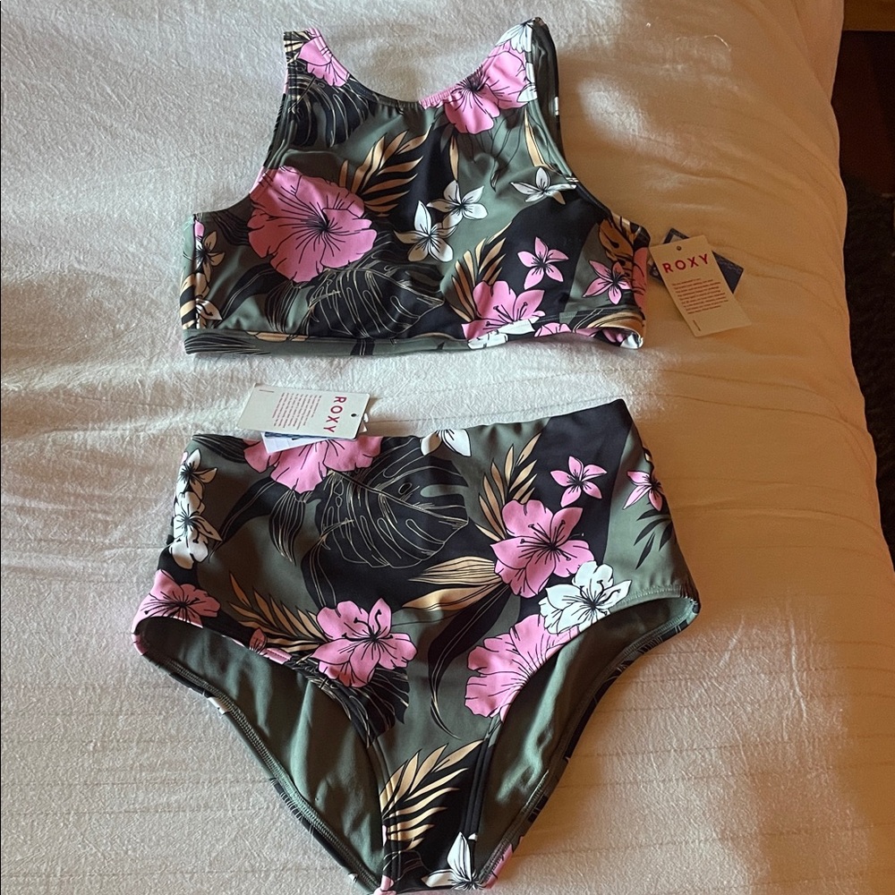 Roxy Tropical Floral Bikini Set in Pink and Green